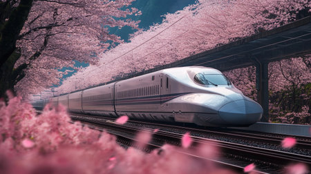 High-speed train with cherry blossom in the background. 3D rendering