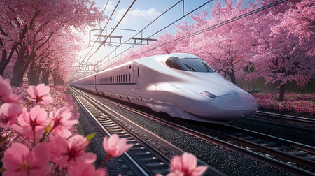 High-speed train with cherry blossoms in the background. 3d rendering