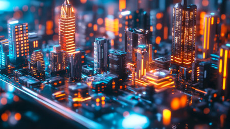 3d illustration of a futuristic city with neon lights. 3d rendering