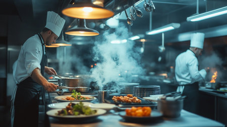 Chef preparing food in the kitchen of a restaurant or hotel.