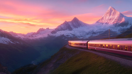 Train in the Swiss Alps at sunset. 3D Rendering.