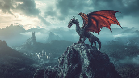 Dragon on the top of the mountain. 3D render. Fantasy illustration.の写真素材
