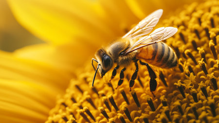 Bee on a sunflower. Close-up. Selective focus.