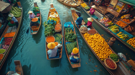 Unidentified Thai people sell fruits at Damnoen Saduak floating market in Ratchaburi, Thailand.