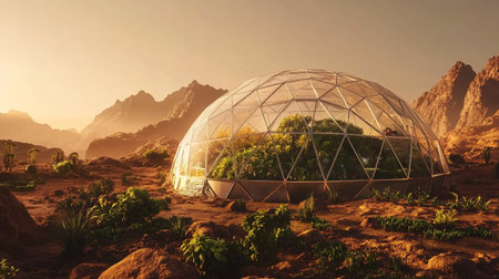 3D rendering of a planetarium with a glass dome in the desert