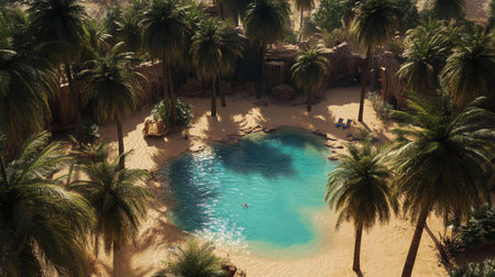 Aerial view of a tropical beach with palm trees and swimming pool