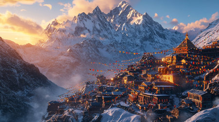 Tibetan temple in the Himalayas at sunset.