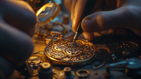Watchmaker is repairing the mechanism of a vintage watch. Close-up.