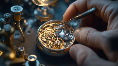 Watchmaker is repairing a vintage pocket watch. Close-up.