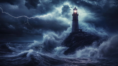 Lighthouse on stormy sea background.