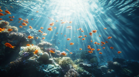 Underwater view of coral reef with fishes and sunlight. Tropical background