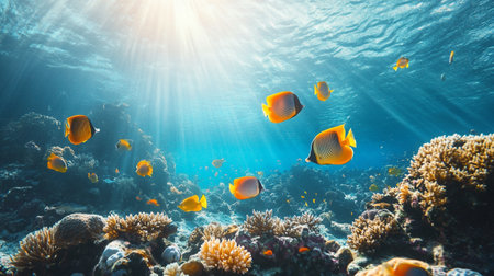 Underwater view of coral reef and tropical fish with sunbeams
