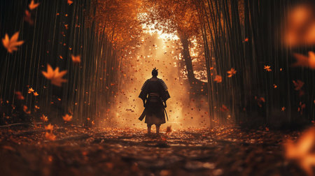 Man in a Japanese kimono walking through the autumn forest.