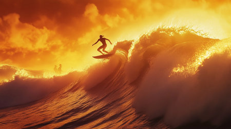 Surfer on the ocean wave at sunset. 3D Rendering