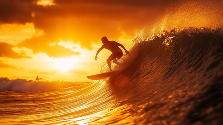 Surfer on the ocean wave at sunset. Surfing concept.