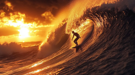 Surfer surfing ocean wave at sunset. 3d render illustration.