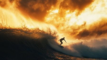 Surfer in ocean wave at sunset. 3d render illustration.