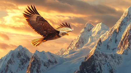 Bald Eagle flies over the mountains at sunset. 3d render