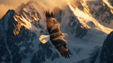 Bald Eagle in flight against the background of the mountains. North America.