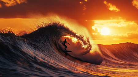 Surfer on the ocean wave at sunset. 3D Rendering
