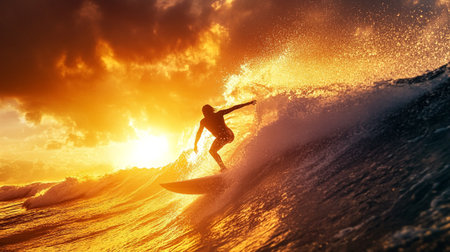 Surfer on the wave at sunset. Mixed media. Mixed media