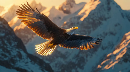Bald Eagle in flight against the background of snow-capped mountains