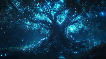 Fantasy tree in the night forest. 3D illustration. Fantasy forest.