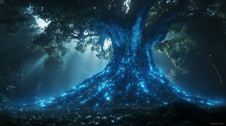 Fantasy forest with glowing tree and light rays. 3d rendering