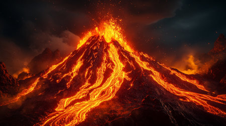 Volcanic eruption with lava and smoke on the background of the mountains