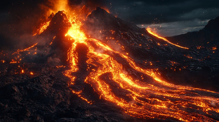Volcano eruption at night. 3d illustration. Landscape.