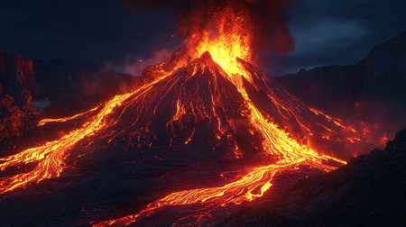 Volcano eruption at night, 3d render. Volcano eruption.