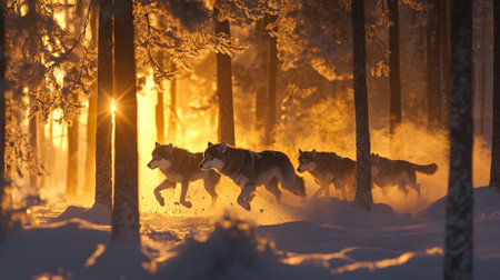 Husky dogs running in a snowy forest at sunset. Lapland, Finland