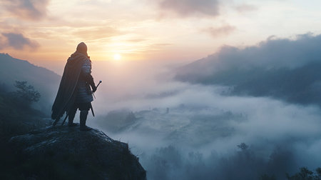 Warrior with sword and cloak standing on the edge of cliff.