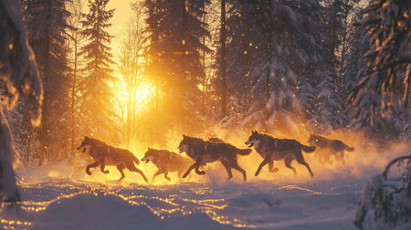 Husky dogs running in the winter forest at sunset. Canis lupus
