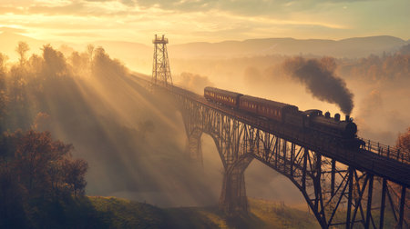 Old steam train on the bridge in the foggy morning. Retro styleの写真素材