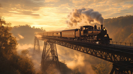 Steam locomotive on the bridge in the foggy morning.