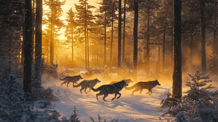 Wolves running in the winter forest at sunset.