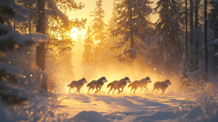 Huskies running in the winter forest at sunset.