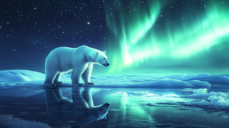 Polar bear in the arctic landscape with aurora borealis