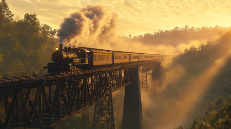 Steam locomotive on the railway bridge in foggy morning