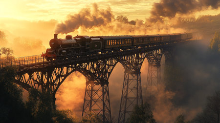 Old steam train on the bridge in foggy morning. 3D rendering