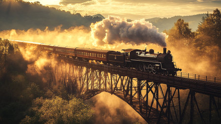 Steam locomotive on the bridge in foggy morning. Retro style