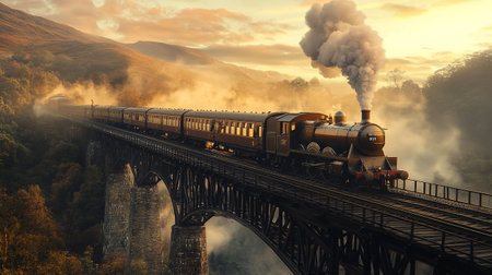 Steam locomotive on the bridge in the mountains. 3d render