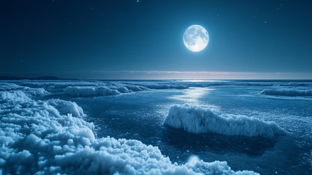Frozen sea at night with full moon. Winter landscape with ice and snow.