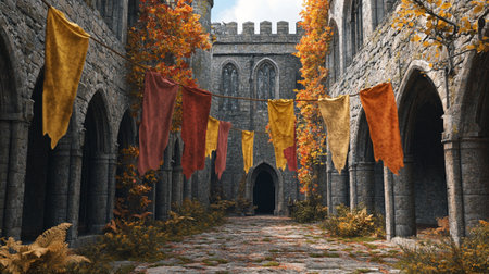 Medieval castle in autumn. 3D render. Fantasy and Halloween concept.