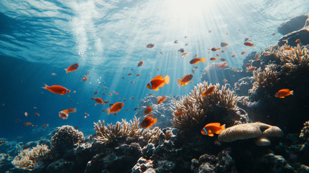 Underwater view of coral reef with fishes and sunbeams.の写真素材