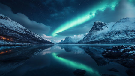 Northern lights over fjord in Norway. Long exposure shot.の写真素材