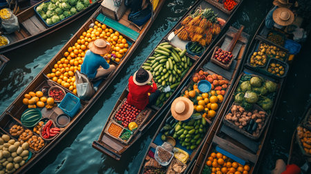 Unidentified Thai people sell fruits and vegetables at Damnoen Saduak floating market in Ratchaburi,...
