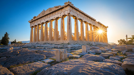 Sunset view of the Parthenon temple in Athens, Greece