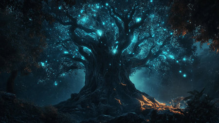Fantasy dark forest with old tree and glowing stars. 3D rendering